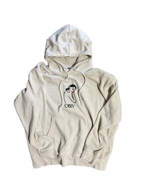 OBEY Graphic Hoodie Cream Pullover Streetwear Embroidered Logo